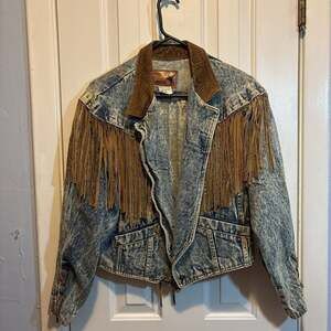 Vintage 80s Prezzia Acid Wash Denim and Leather Fringe Jacket